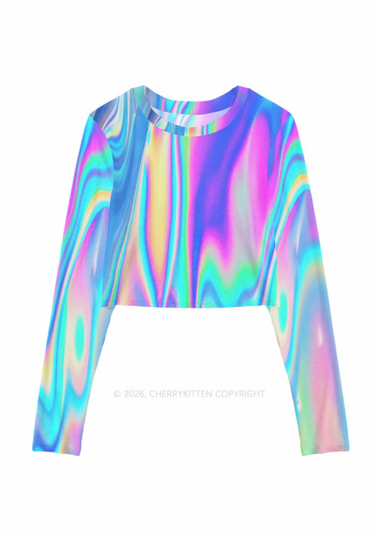 Holographic Iridescent Swirl Y2K Mesh Long Sleeve Crop Top Cherrykitten