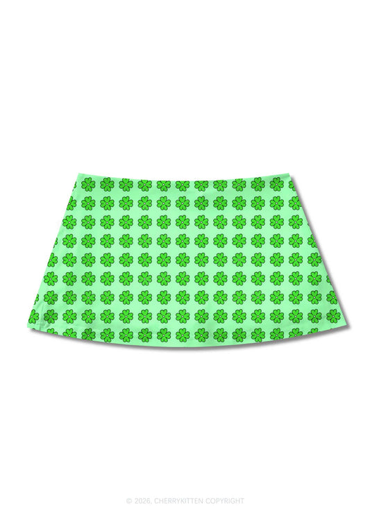 Green Clover Grid St Patricks Y2K Print Mini Skirt Cherrykitten