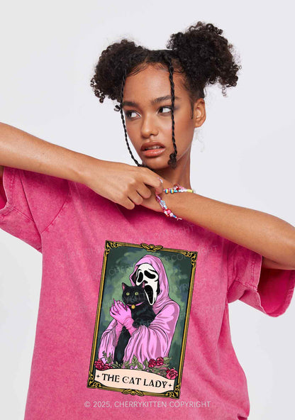 Halloween The Skull Cat Lady Y2K Shirts Washed Tee Cherrykitten