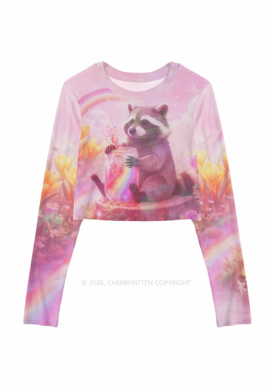 Rainbow Raccoon Pride Y2K Mesh Long Sleeve Crop Top Cherrykitten