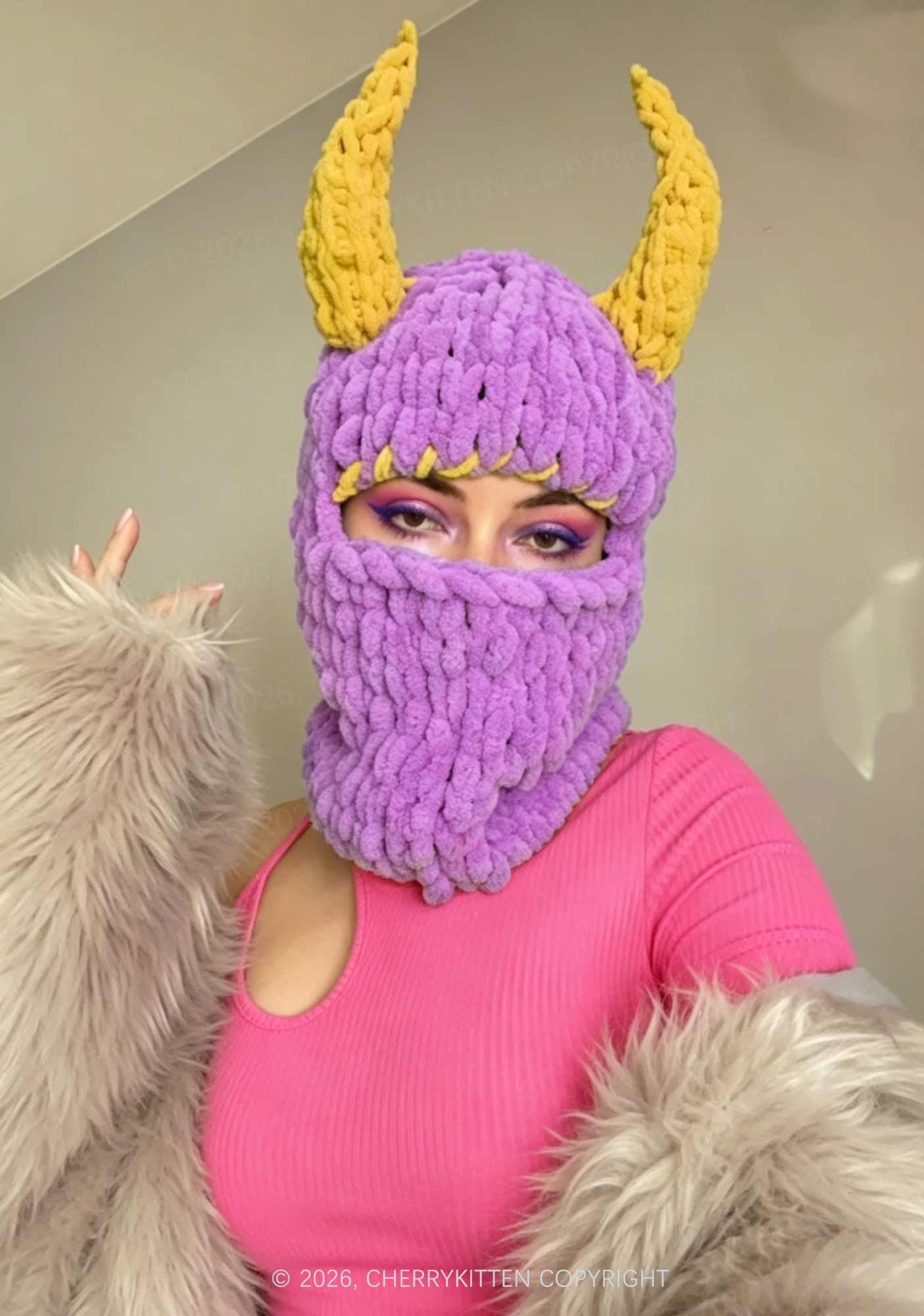 Halloween Color Block Devil Horn Y2K Knitted Balaclava Cherrykitten