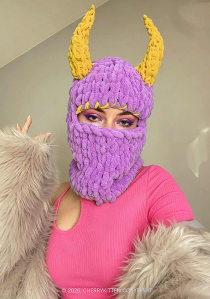 Halloween Color Block Devil Horn Y2K Knitted Balaclava Cherrykitten