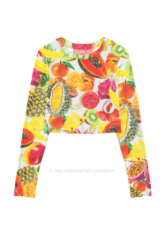 Tropical Fruit Pride Y2K Mesh Long Sleeve Crop Top Cherrykitten
