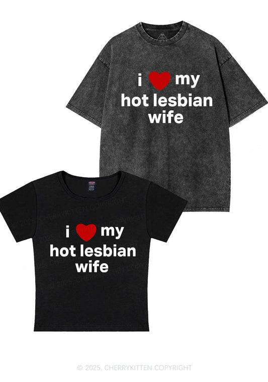 Love My Hot Lesbian Wife Y2K Valentine's Day Couple Shirt Cherrykitten