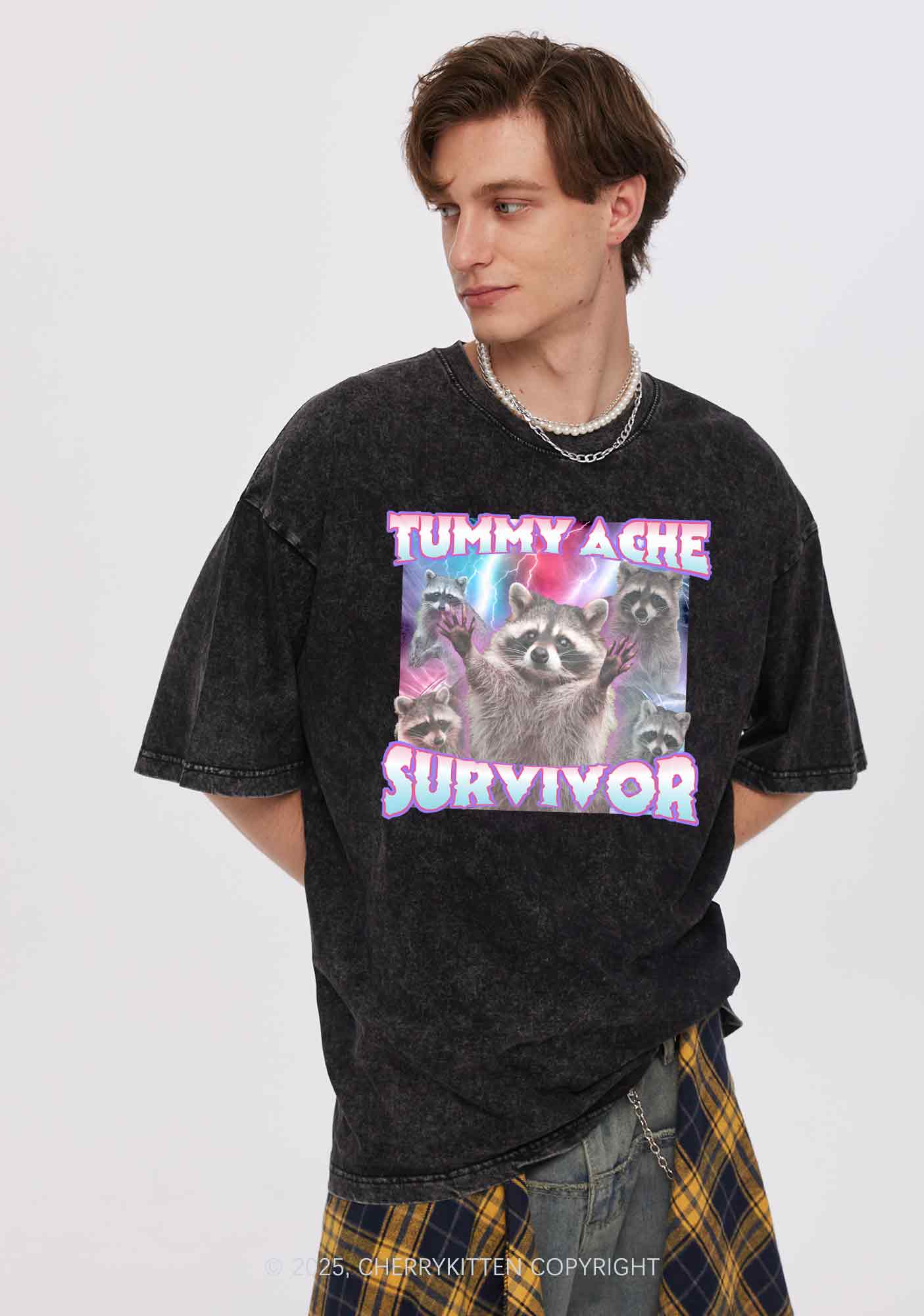 Tummy Ache Survivor Raccoon Y2K Shirts Washed Tee Cherrykitten