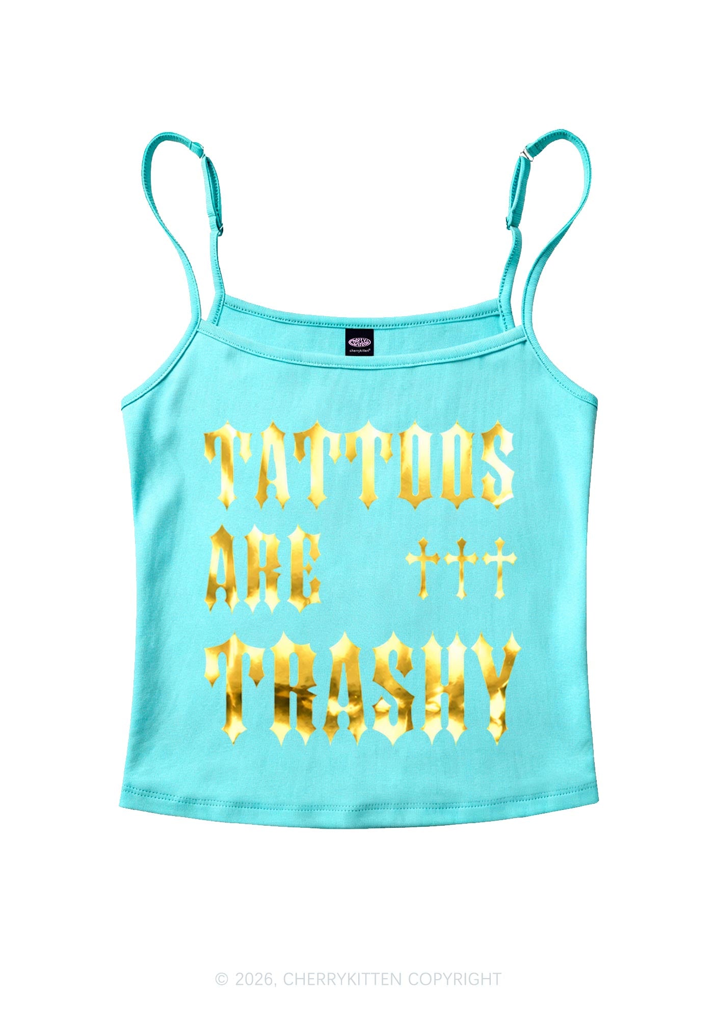 Tattoos Are Trashy Silver Foil Printed Y2K Spaghetti Strap Cami Cherrykitten