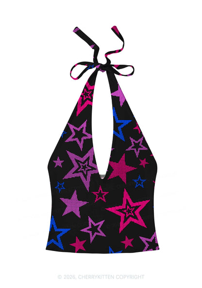 Bisexual Star Pride Y2K Print Halter Deep V Neck Cami Cherrykitten