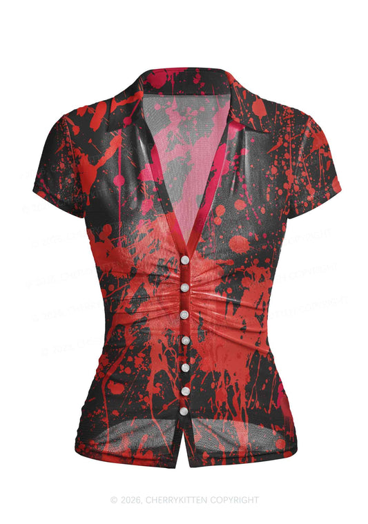 Halloween Red Blood On Black Y2K Mesh Ruched Waist V Neck Top Cherrykitten