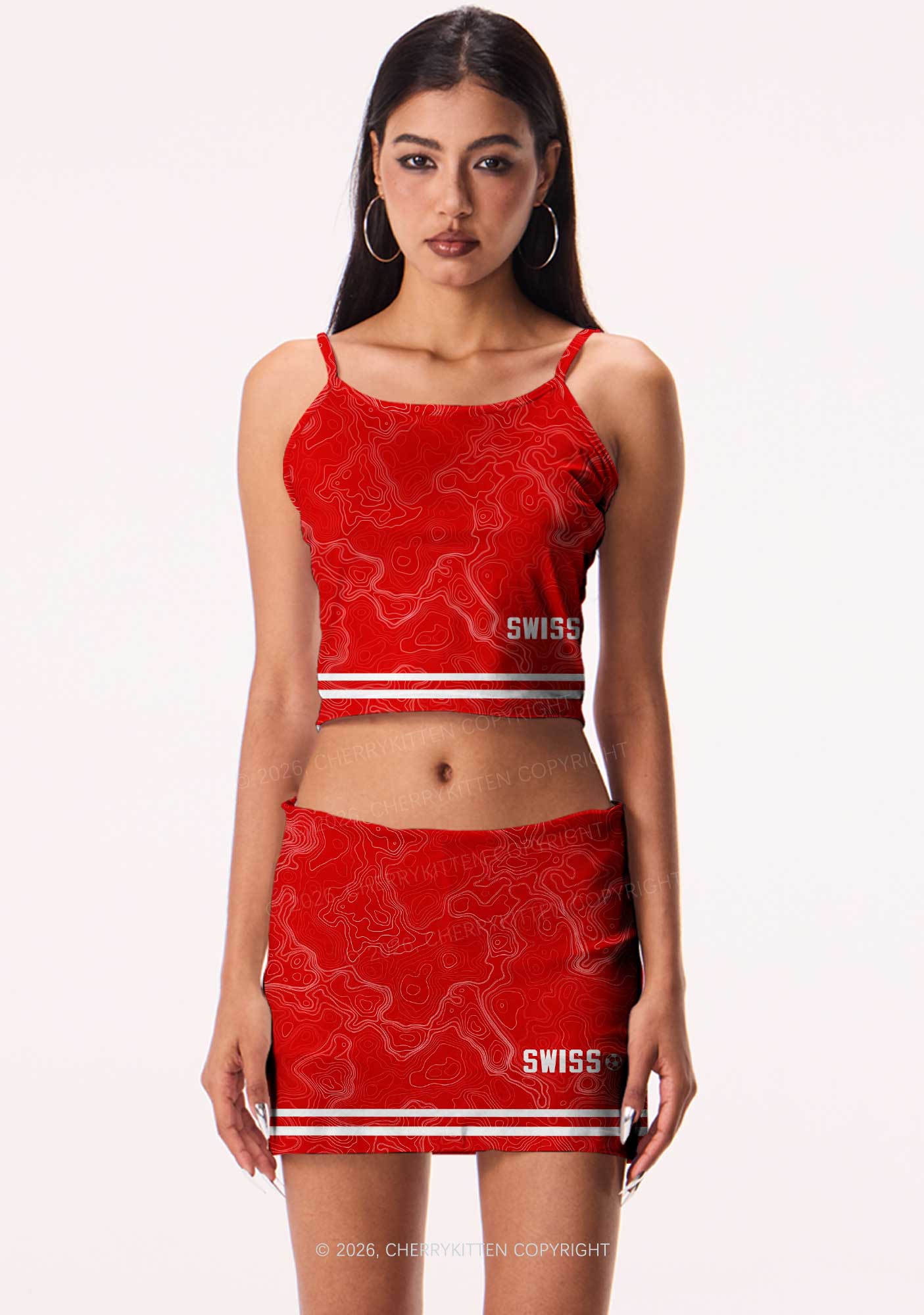 Red Topographic Line Y2K Print Mini Skirt Cherrykitten