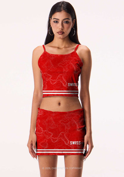 Red Topographic Line Y2K Print Mini Skirt Cherrykitten