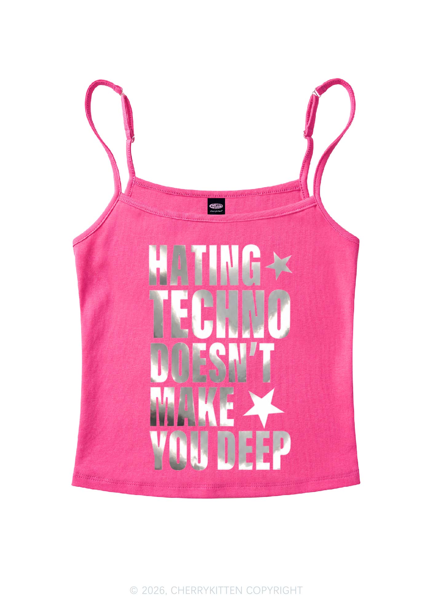 Hating Techno Silver Foil Printed Y2K Spaghetti Strap Cami Cherrykitten