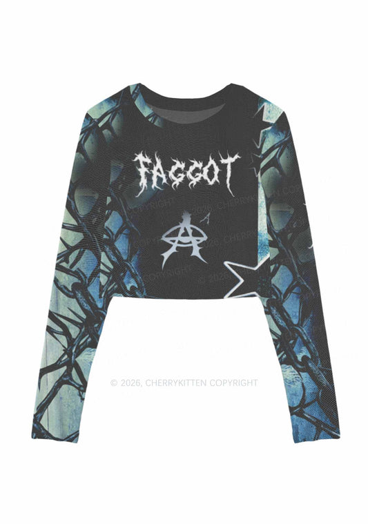Black Thorn Faggot Pride Y2K Mesh Long Sleeve Crop Top Cherrykitten