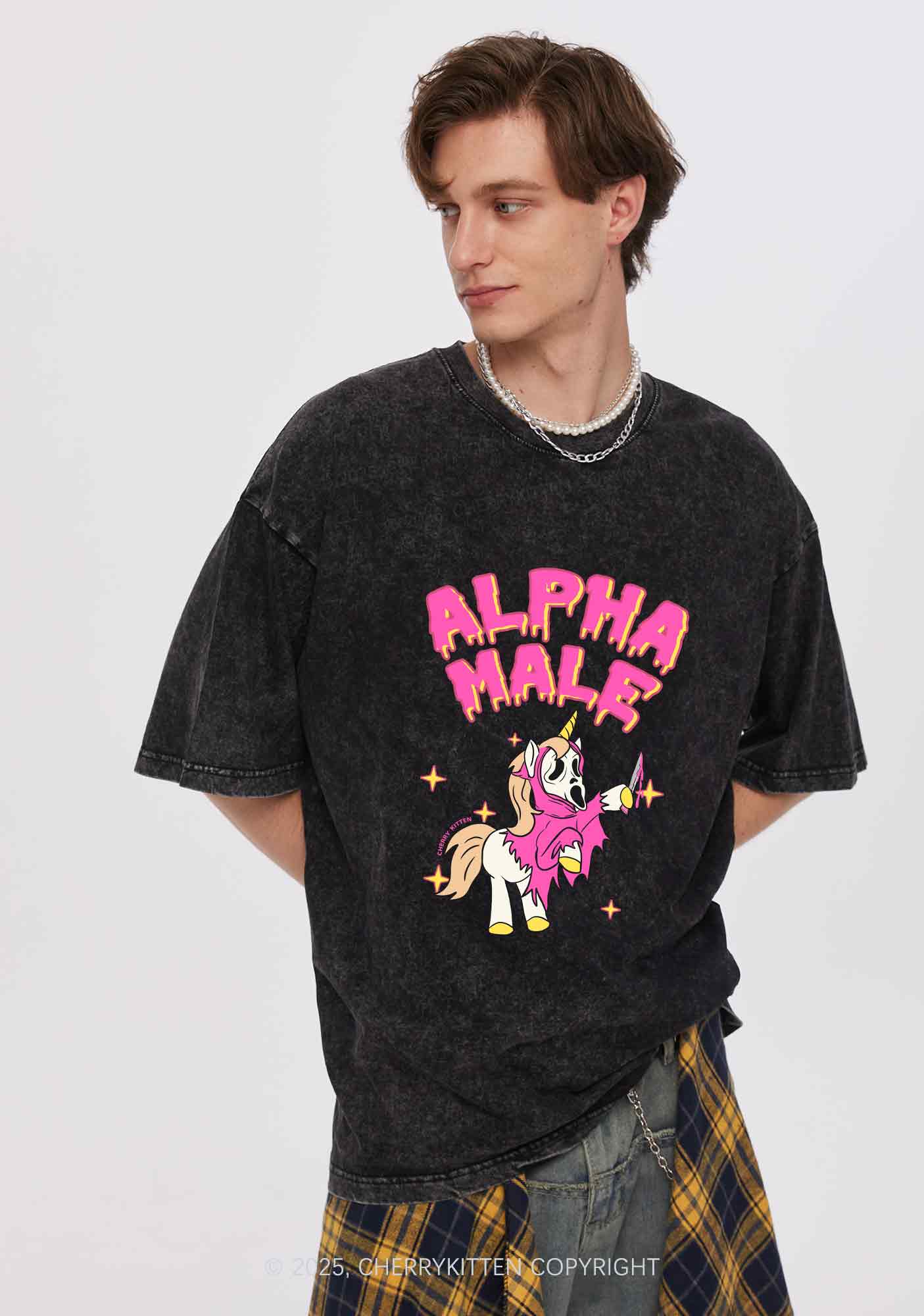 Halloween Unicorn Alpha Male Y2K Shirts Washed Tee Cherrykitten