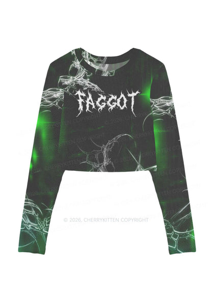 Green Gothic Faggot Pride Y2K Mesh Long Sleeve Crop Top Cherrykitten