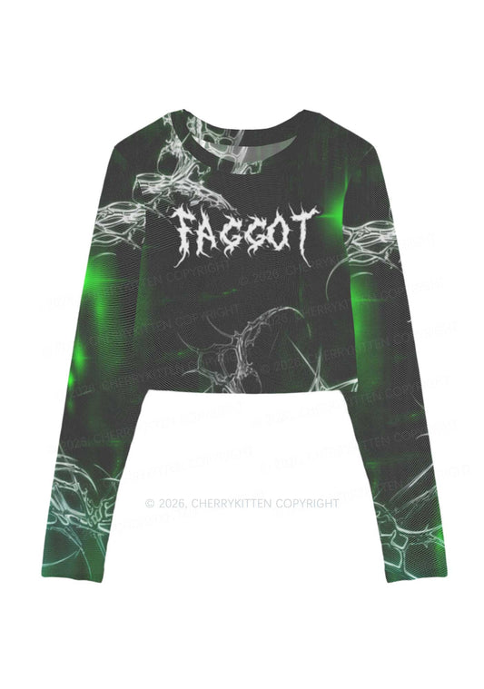 Green Gothic Faggot Pride Y2K Mesh Long Sleeve Crop Top Cherrykitten