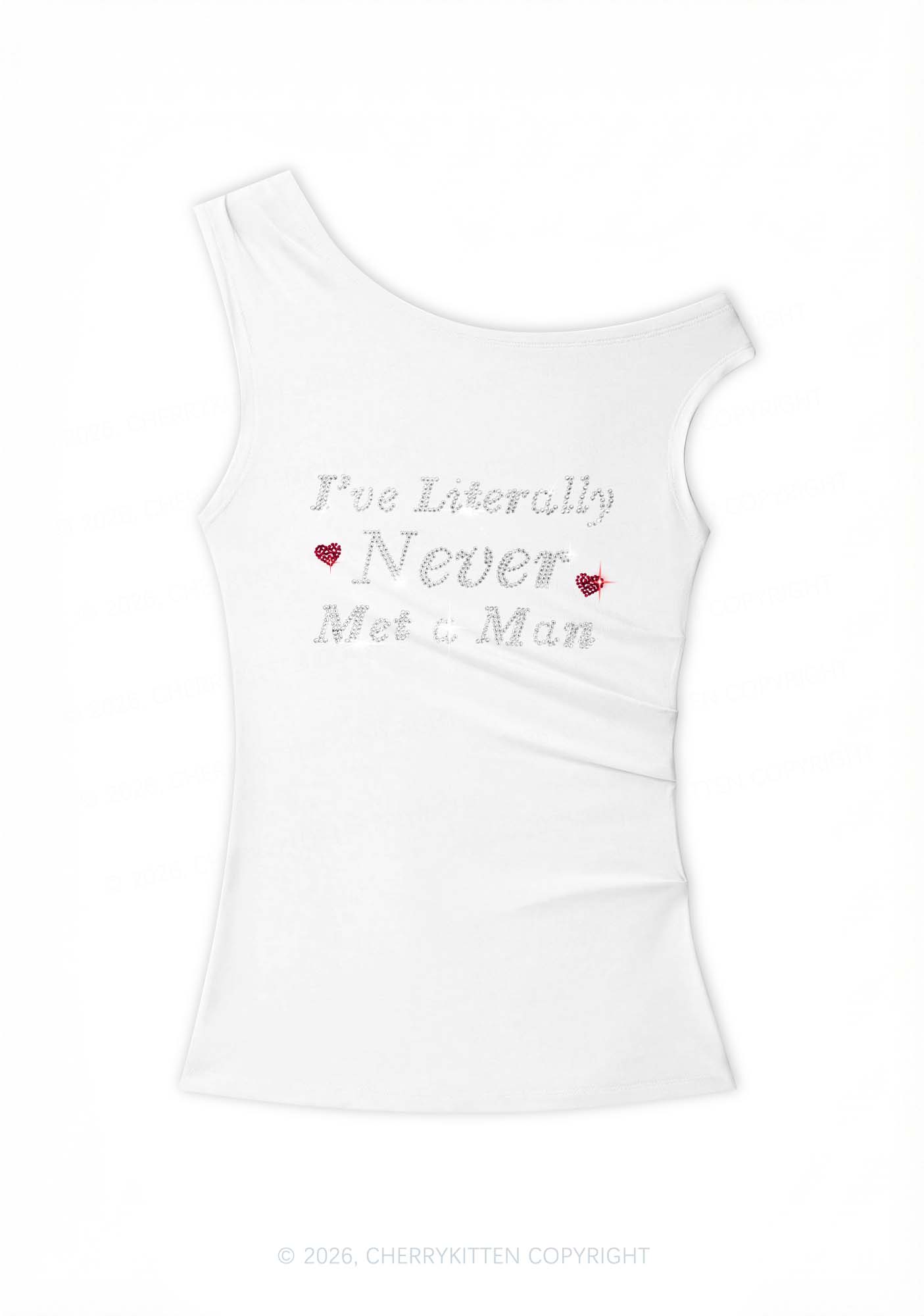 Rhinestone Never Met A Man Pride Y2K Off Shoulder Tank Top Cherrykitten