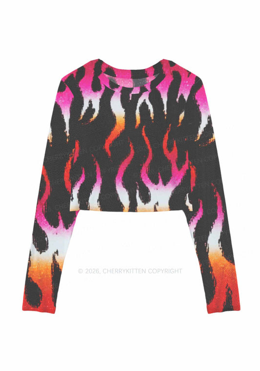 Lesbian Flame Pride Y2K Mesh Long Sleeve Crop Top Cherrykitten