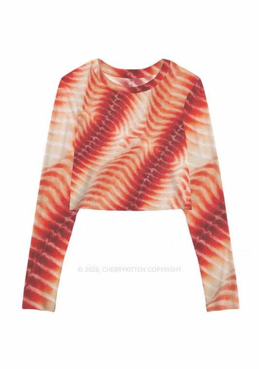 Pork Belly Texture Y2K Mesh Long Sleeve Crop Top Cherrykitten
