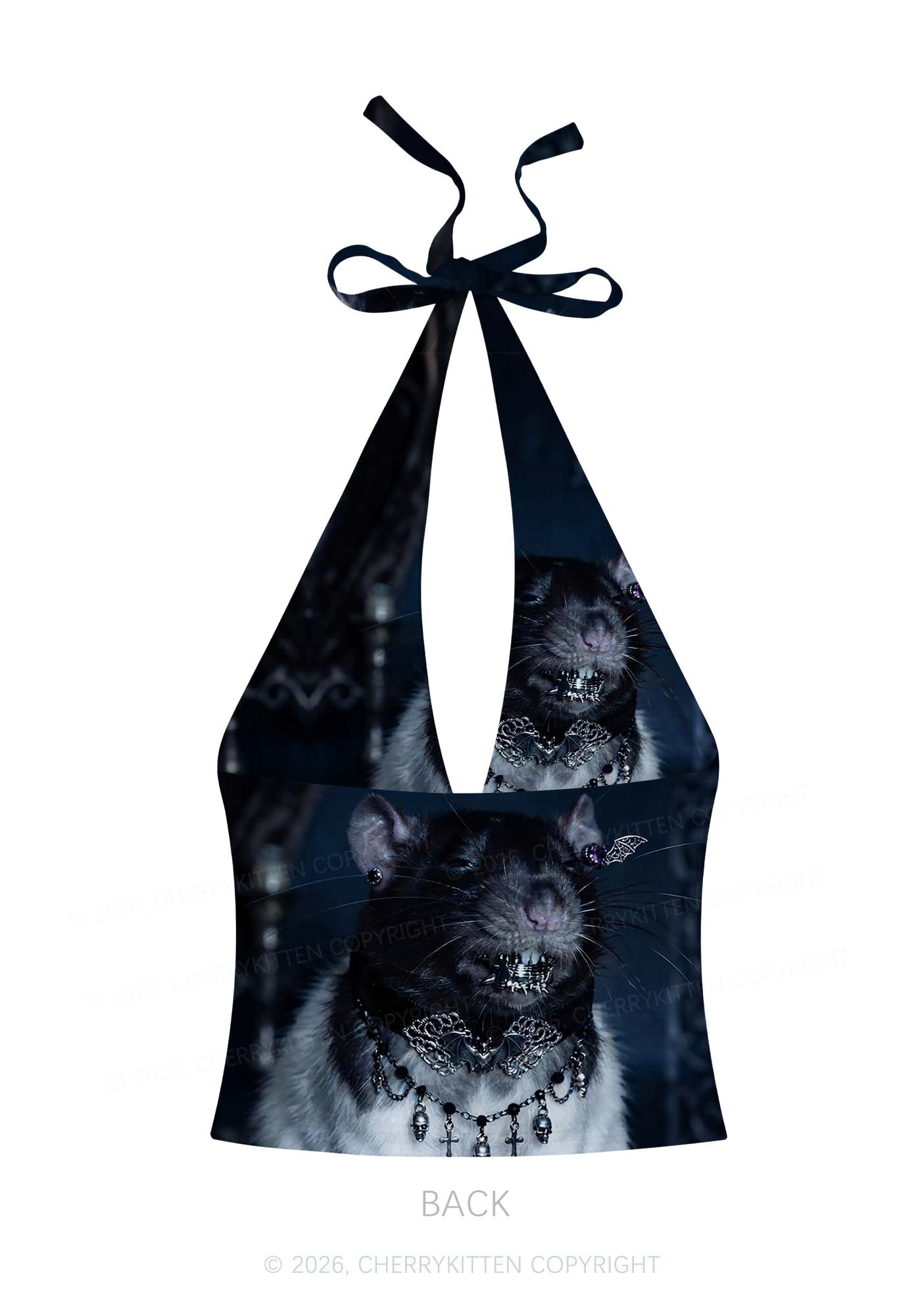 Gothic Jewelry Rat Y2K Print Halter Deep V Neck Cami Cherrykitten