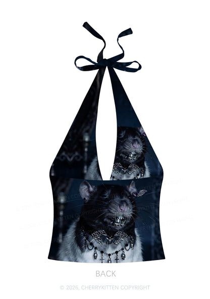 Gothic Jewelry Rat Y2K Print Halter Deep V Neck Cami Cherrykitten