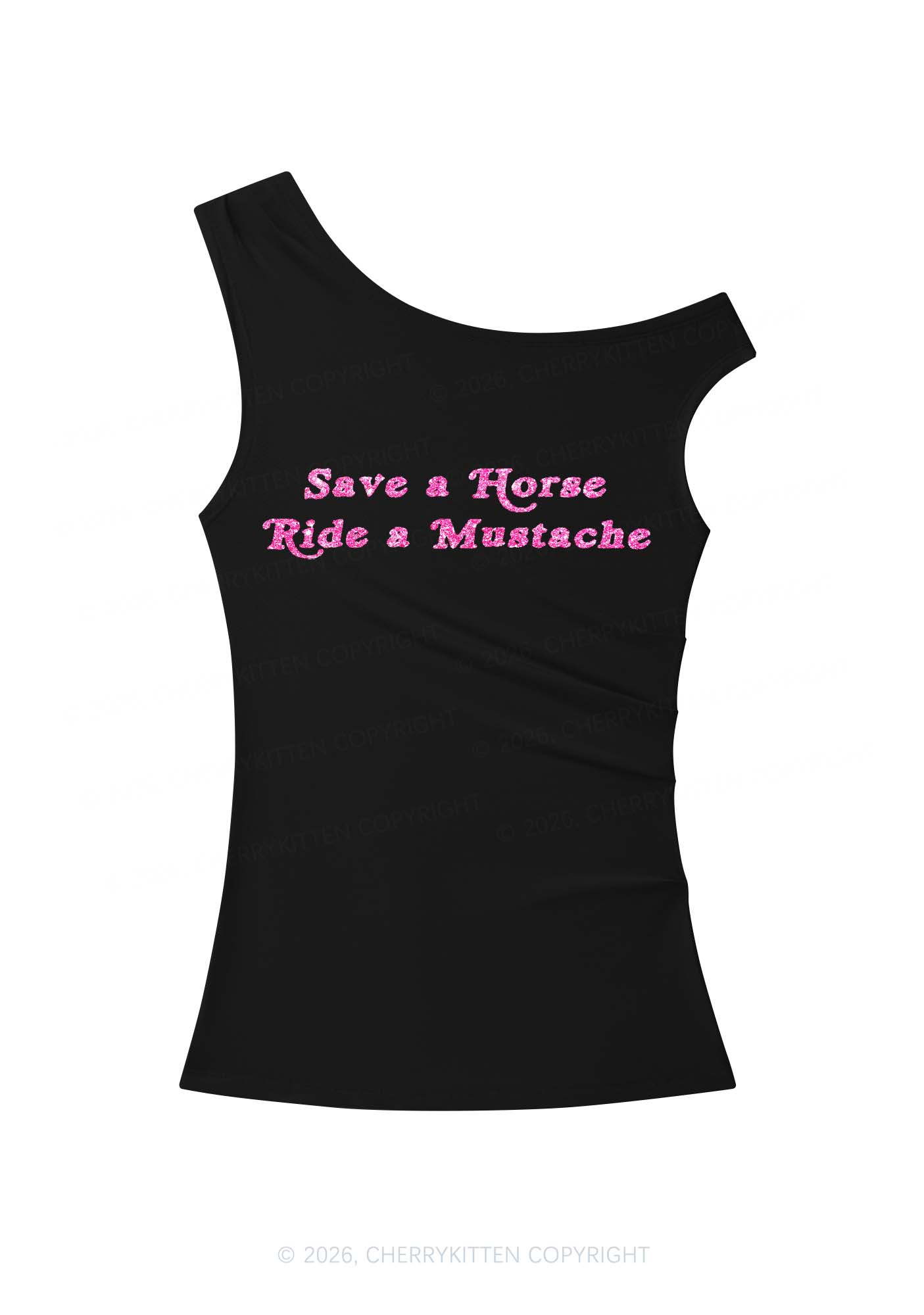 Glitter Ride A Mustache Y2K Off Shoulder Tank Top Cherrykitten
