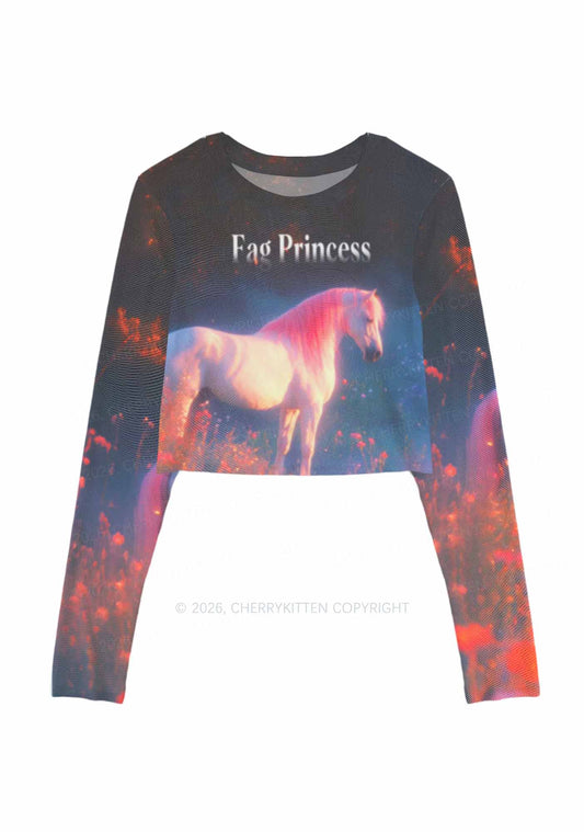 Fag Princess Horse Pride Y2K Mesh Long Sleeve Crop Top Cherrykitten