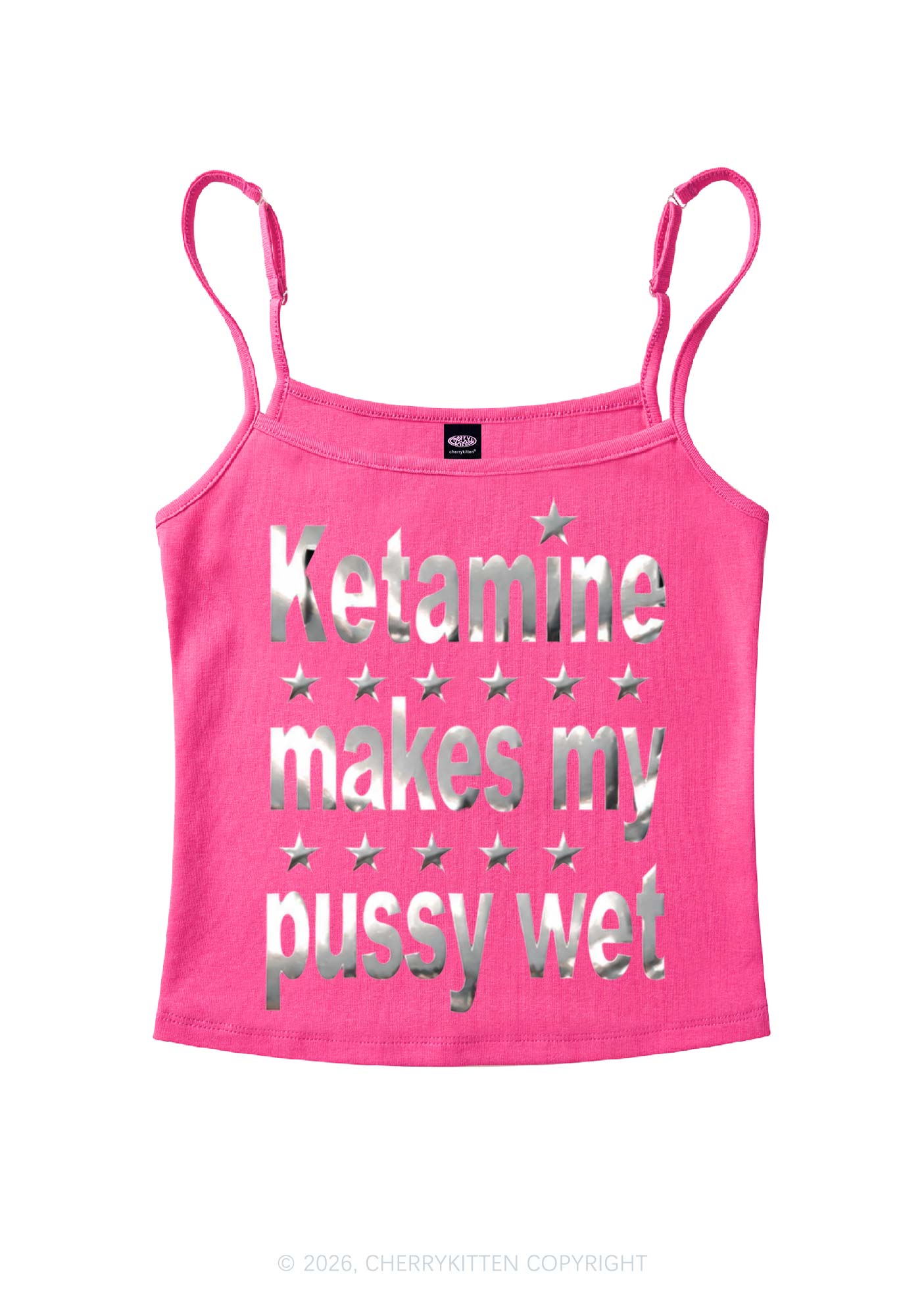 K Makes My Puxxy Wet Silver Foil Printed Y2K Spaghetti Strap Cami Cherrykitten