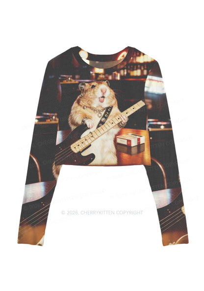 Hamster Bassist Techno Y2K Mesh Long Sleeve Crop Top Cherrykitten