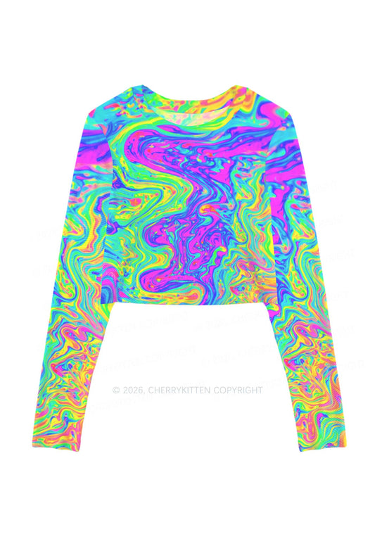 Rainbow Fluid Swirl Y2K Mesh Long Sleeve Crop Top Cherrykitten