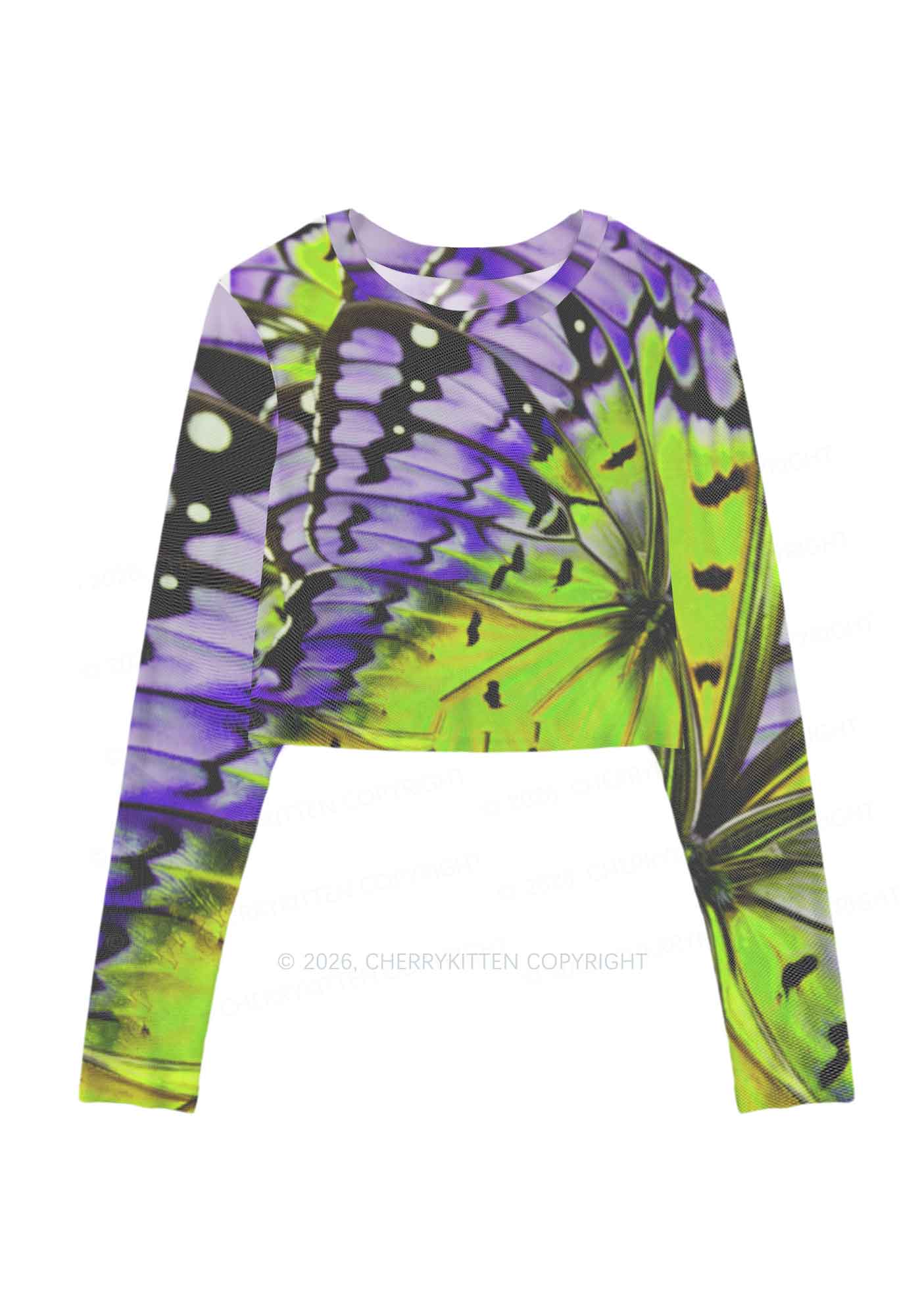 Purple Lime Butterfly Wing Y2K Mesh Long Sleeve Crop Top Cherrykitten