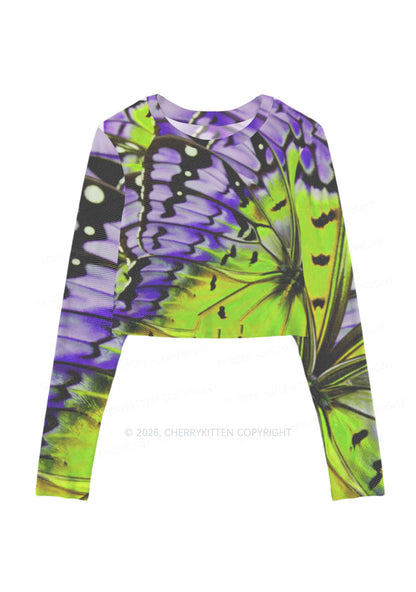 Purple Lime Butterfly Wing Y2K Mesh Long Sleeve Crop Top Cherrykitten
