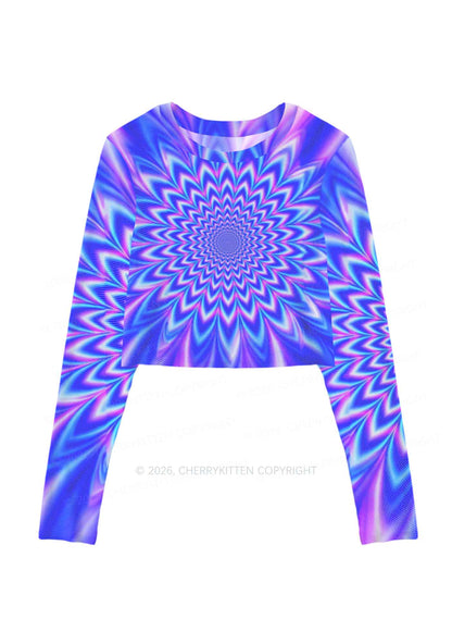 Blue Vortex Optical Illusion Y2K Mesh Long Sleeve Crop Top Cherrykitten