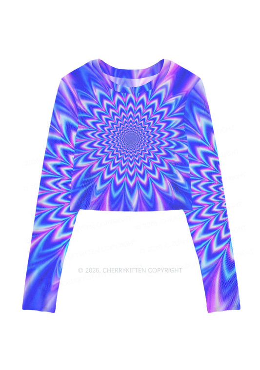 Blue Vortex Optical Illusion Y2K Mesh Long Sleeve Crop Top Cherrykitten