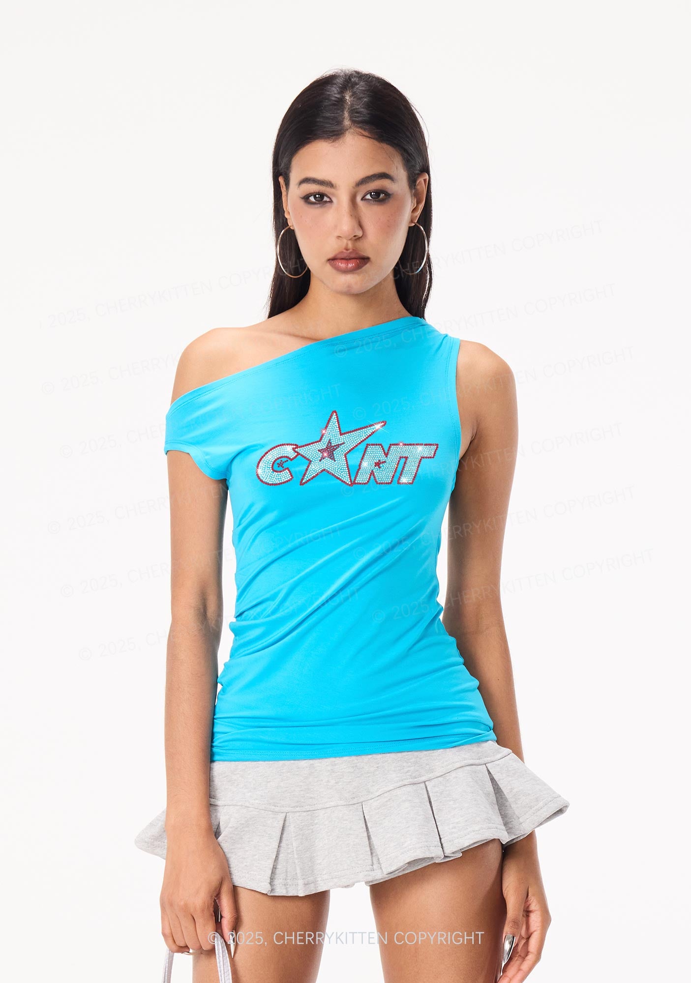 Rhinestone Star Cxxt Y2K Off Shoulder Tank Top Cherrykitten