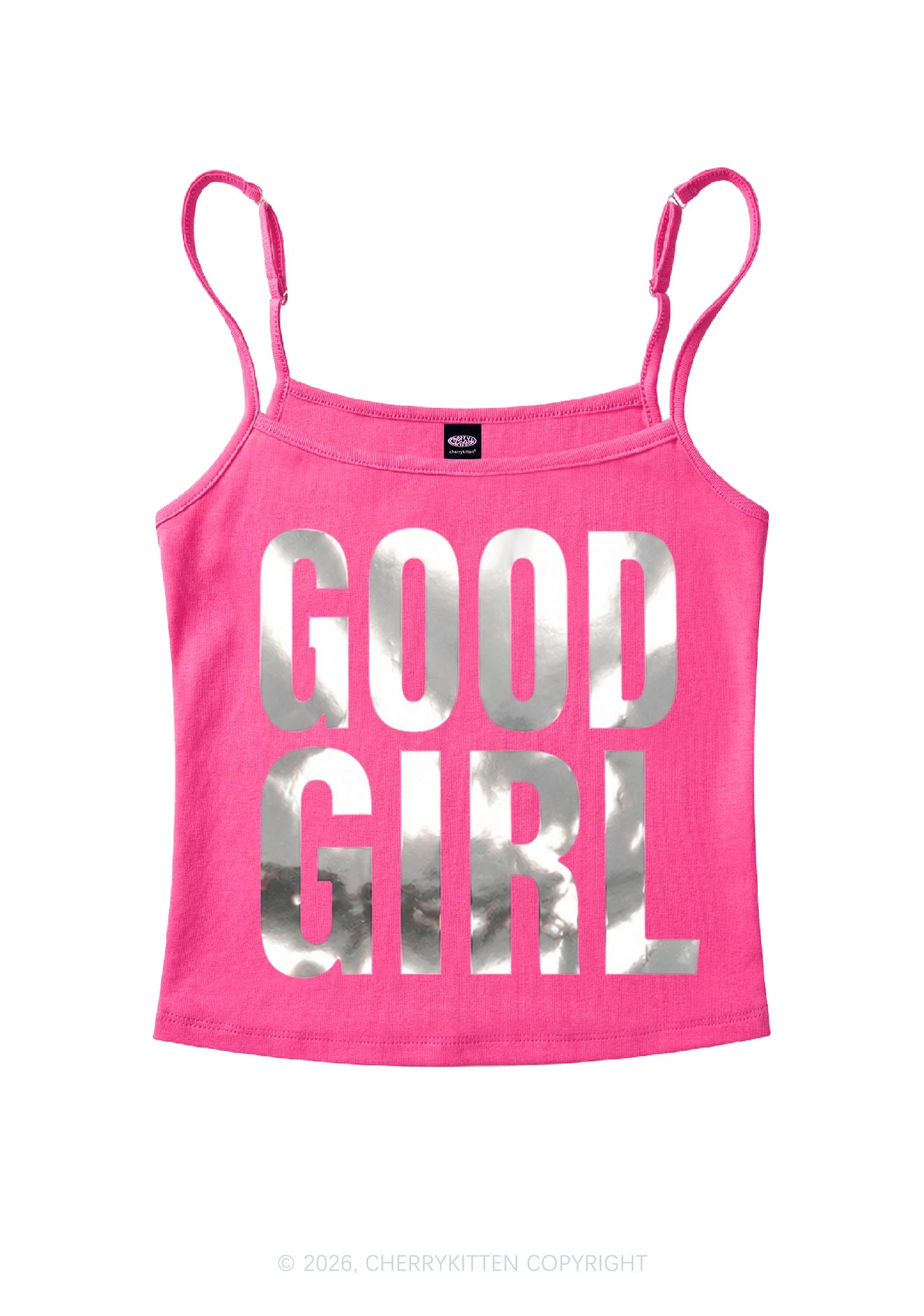Good Girl Silver Foil Printed Y2K Spaghetti Strap Cami Cherrykitten