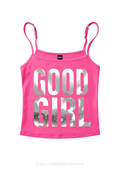 Good Girl Silver Foil Printed Y2K Spaghetti Strap Cami Cherrykitten