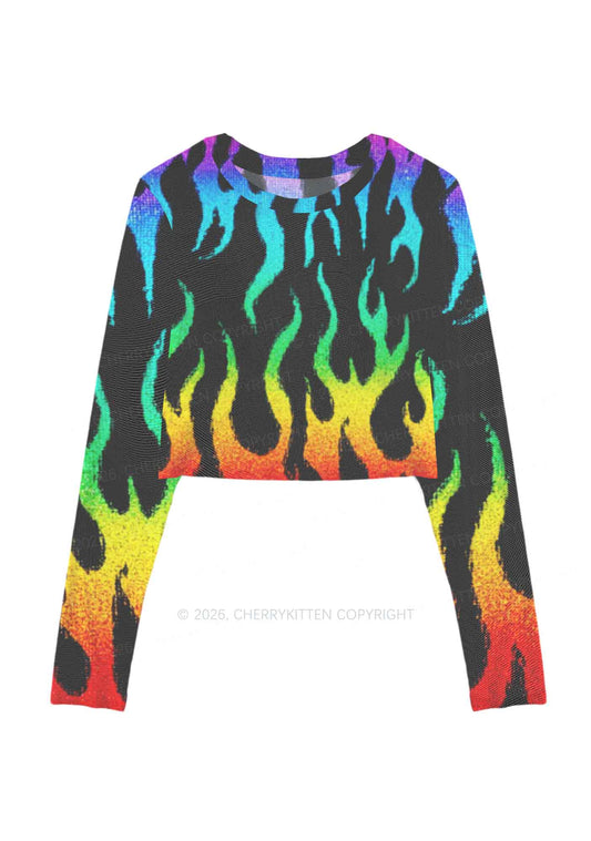 Rainbow Flame Pride Y2K Mesh Long Sleeve Crop Top Cherrykitten