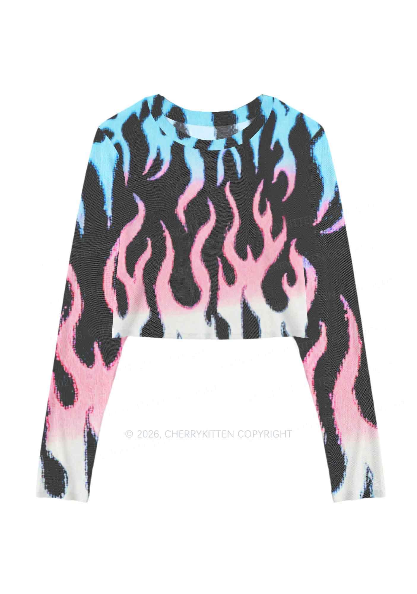 Trans Flame Pride Y2K Mesh Long Sleeve Crop Top Cherrykitten