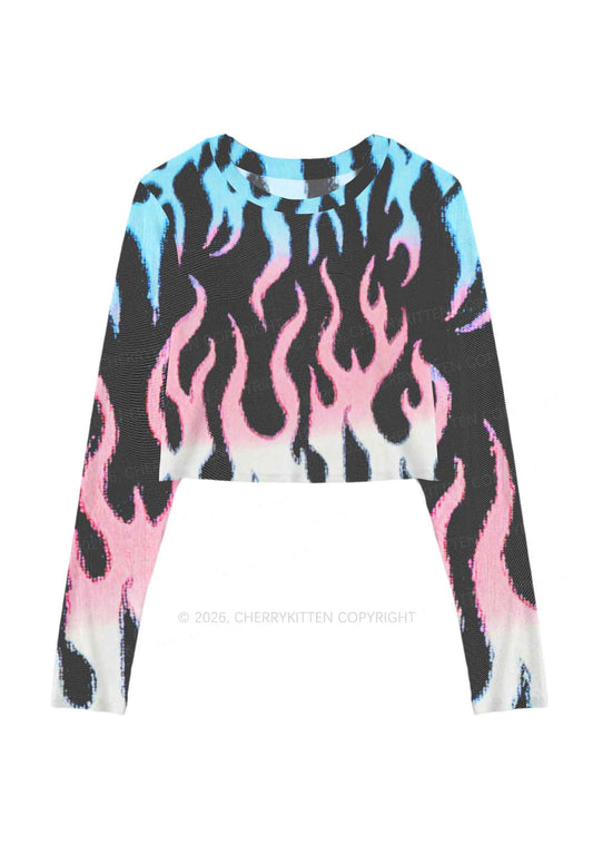 Trans Flame Pride Y2K Mesh Long Sleeve Crop Top Cherrykitten