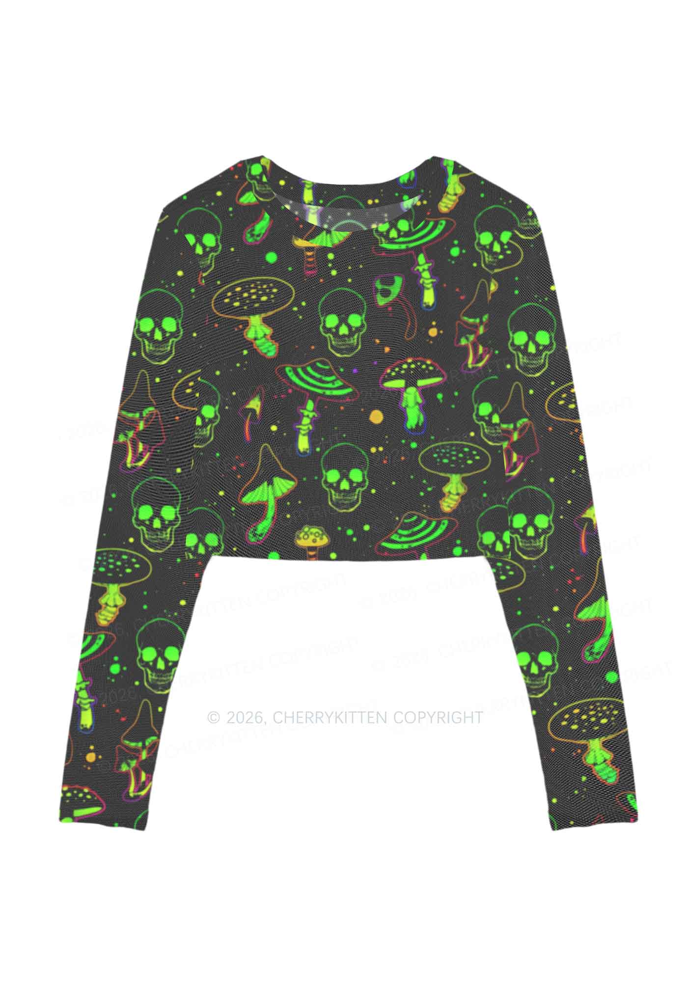 Neon Skull Mushroom Y2K Mesh Long Sleeve Crop Top Cherrykitten