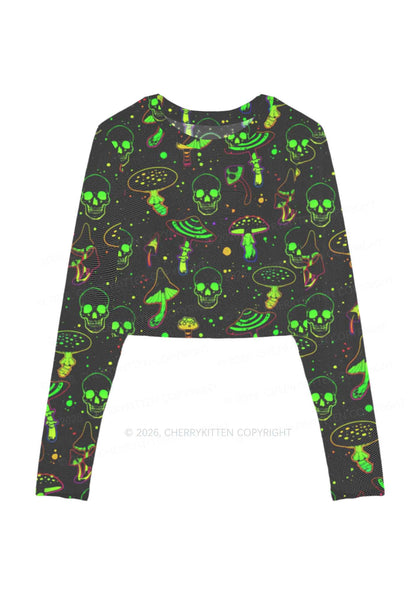 Neon Skull Mushroom Y2K Mesh Long Sleeve Crop Top Cherrykitten