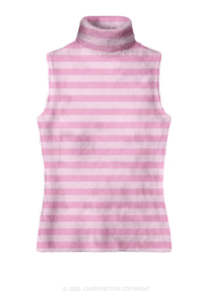 Light Pink White Stripes Y2K Knit Turtleneck Tank Top Cherrykitten