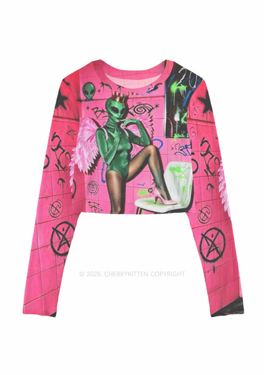 Alien Angel Graffiti Wall Y2K Mesh Long Sleeve Crop Top Cherrykitten
