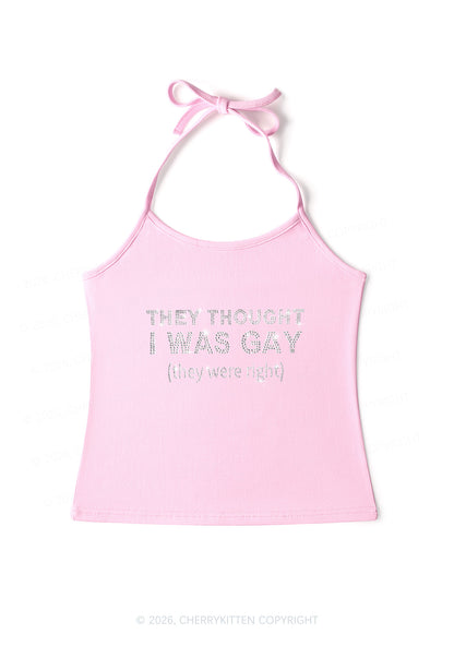 Rhinestone They Thought I Was Gay Pride Y2K Halter Neck Cami Cherrykitten