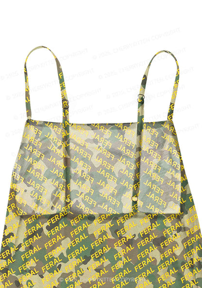 Wild Camouflage Feral Y2K Mesh Slip Dress With Scarf Set Cherrykitten