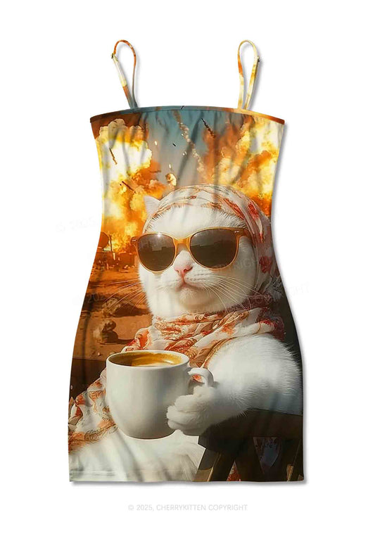 Cool Cat Enjoying Coffee Y2K Print Slip Dress Cherrykitten