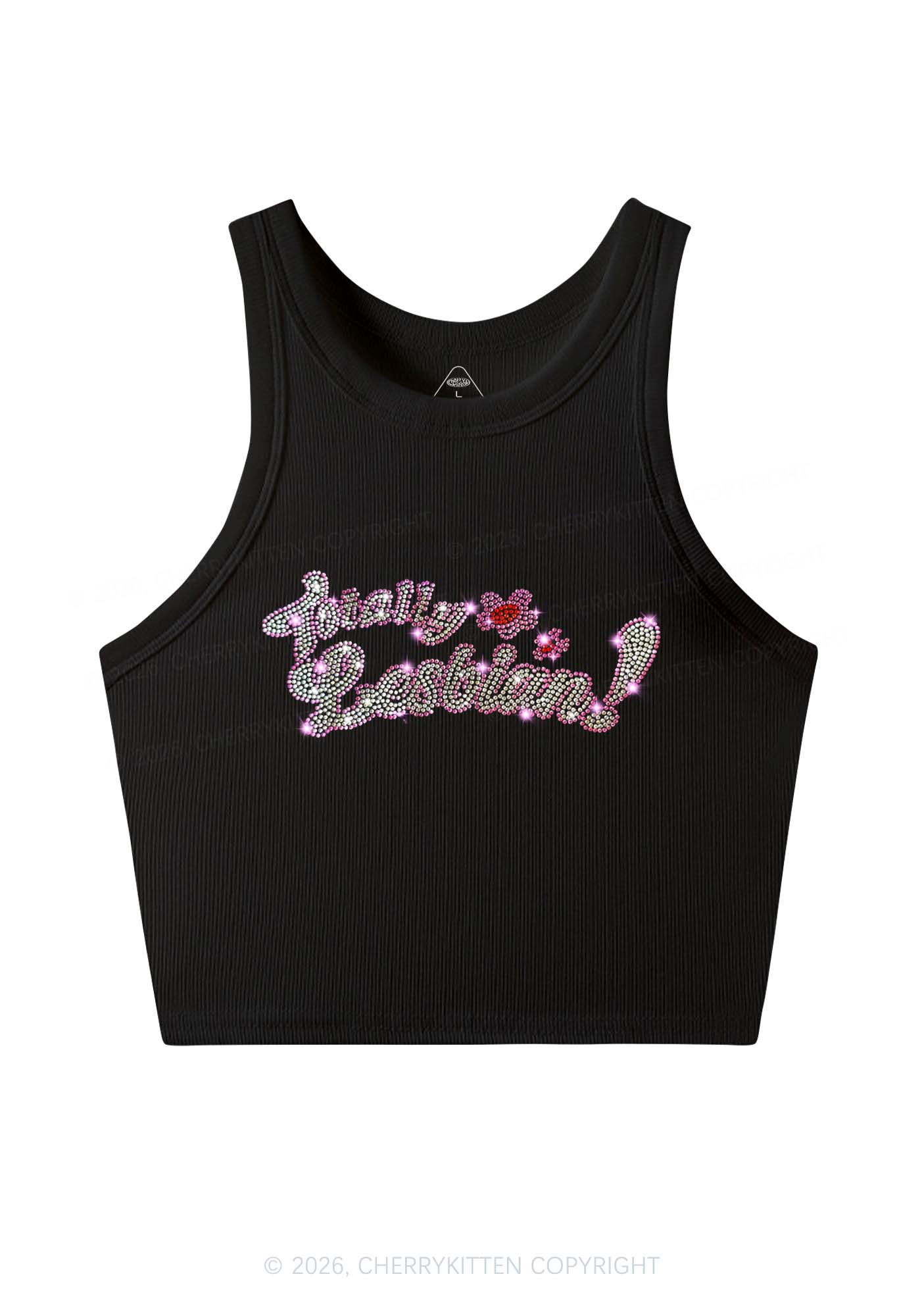 Rhinestone Totally Lesbian Pride Y2K Crop Tank Top Cherrykitten