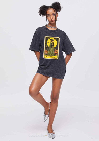 Halloween The Witch Cat Lady Y2K Shirts Washed Tee Cherrykitten