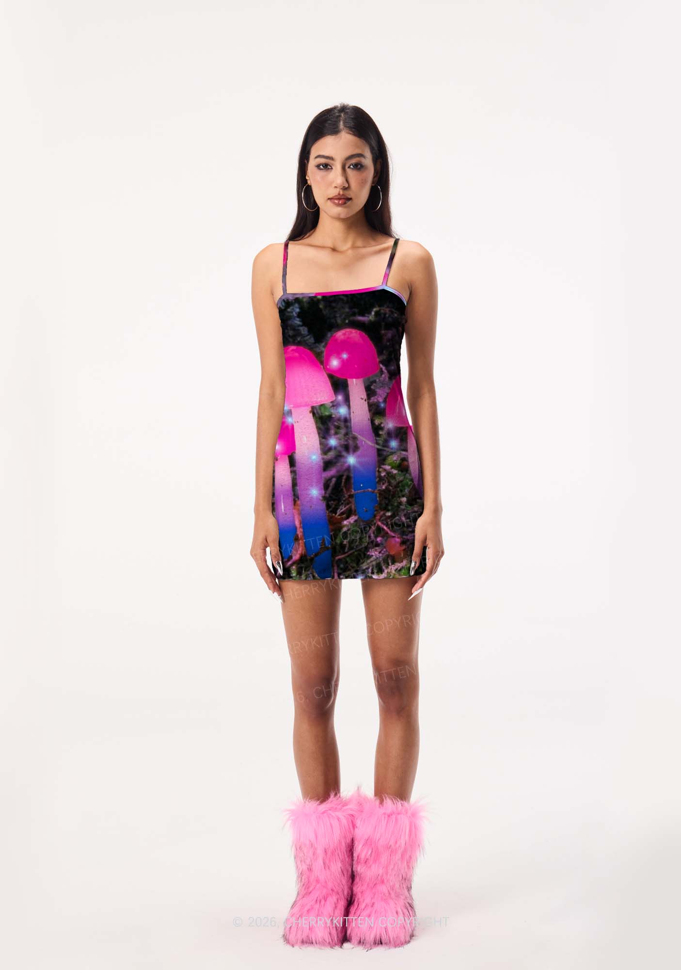Bisexual Glowing Mushroom Pride Y2K Print Slip Dress Cherrykitten