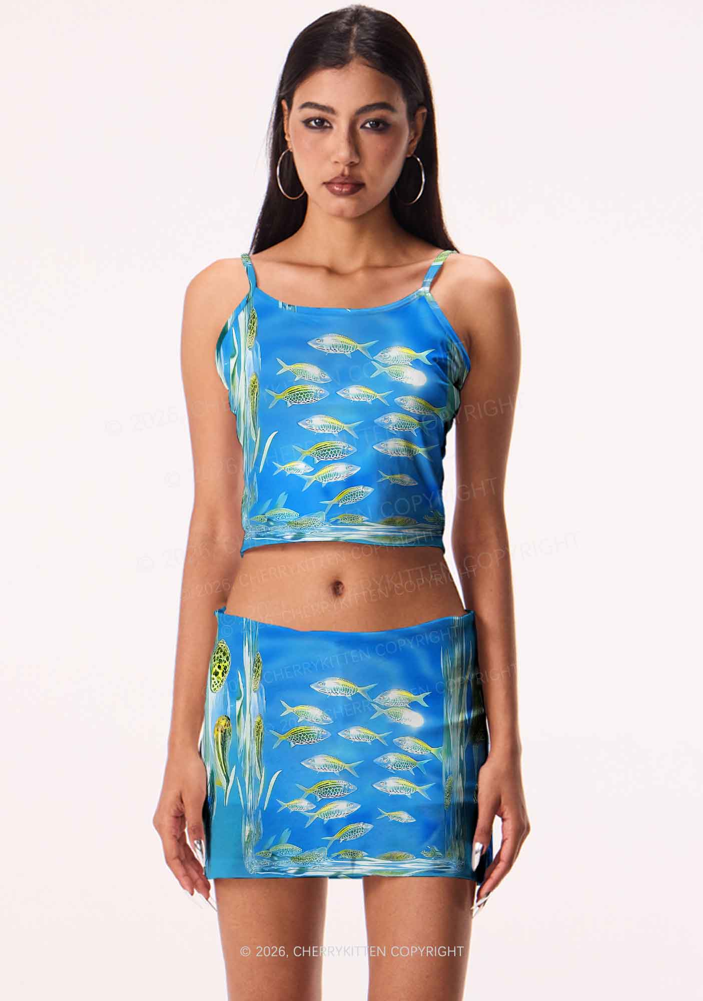 Undersea Fish Y2K Print Mini Skirt Cherrykitten